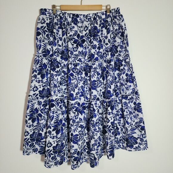 Lane Bryant Dresses & Skirts - Lane Bryant Womens Cotton Tiered Midi Skirt Blue Floral High-Low Unlined 18/20